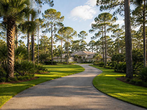 Conceptual acreage-home setting with a long driveway and trees